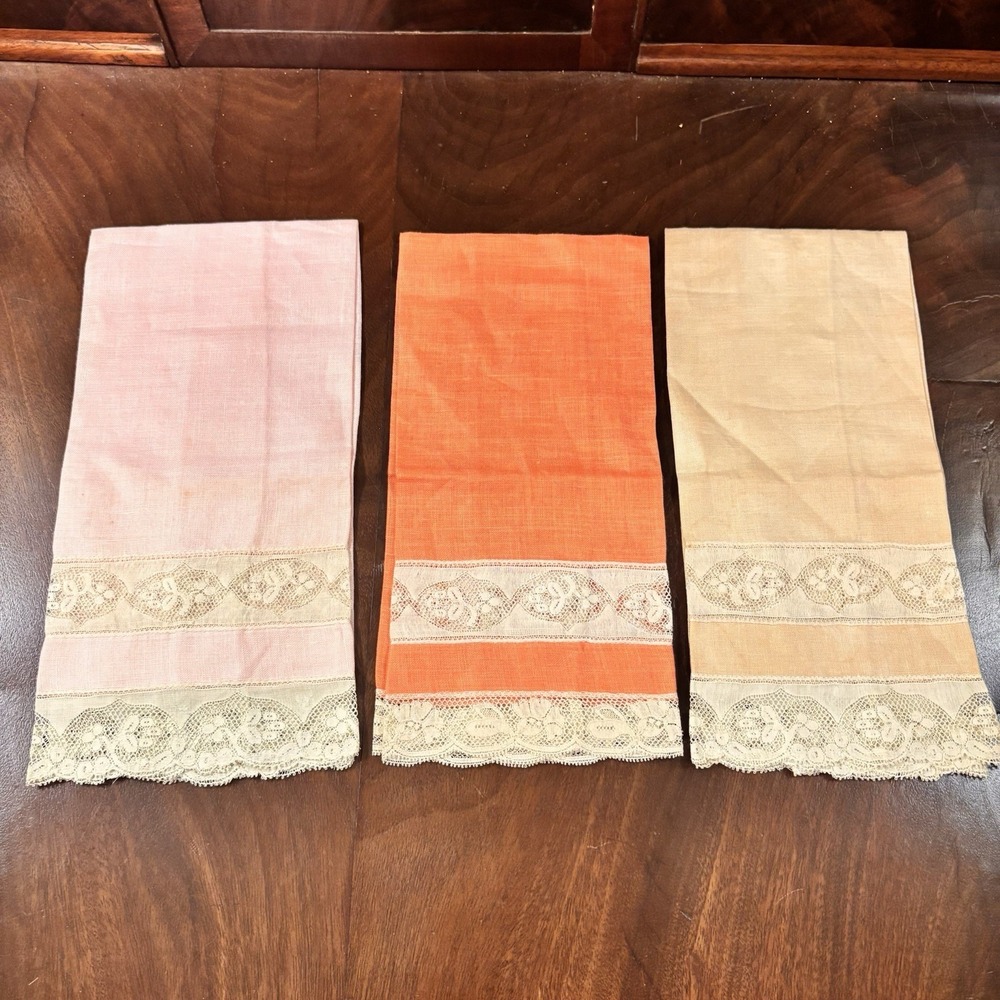 Vintage Fingertip Towels Set of 3 Linen Lace Trim Pink Peach Orange Guest Towels